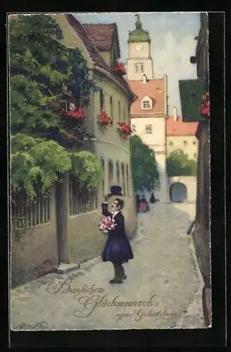 Künstler-AK F.Baumgarten: Edelmann steht m. Rosenstrauss unter dem Fenster einer Dame