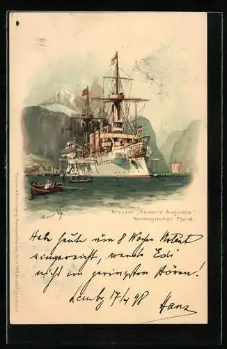 Künstler-AK Hans Bohrdt: Kreuzer Kaiserin Augusta in einem norwegischen Fjord, Um 1900