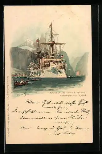 Künstler-AK Hans Bohrdt: Kreuzer Kaiserin Augusta in einem norwegischen Fjord, Um 1900