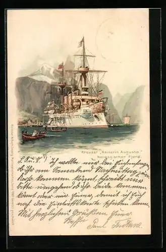 Künstler-AK Hans Bohrdt: Kreuzer Kaiserin Augusta in einem norwegischen Fjord, Um 1900