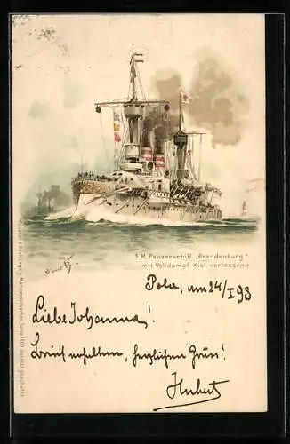 Künstler-AK Hans Bohrdt: S.M. Panzerschiff Brandenburg mit Volldampf Kiel verlassen
