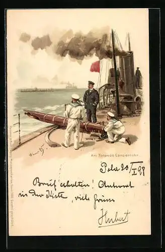 Künstler-AK Hans Bohrdt: Am Torpedo Lancierrohr eines Torpedobootes