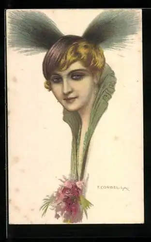 Künstler-AK Tito Corbella: Portrait einer schönen Frau mit interessantem Kopfschmuck