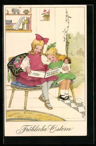 Künstler-AK Lia Döring: Zwei Mädchen schauen sich ein Buch an