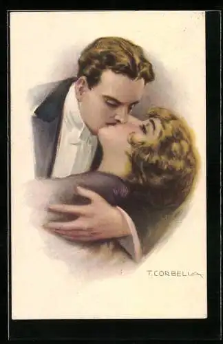 Künstler-AK Tito Corbella: Mann in Frack küsst Frau leidenschaftlich