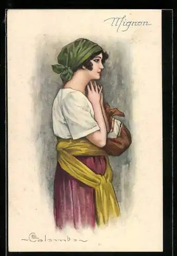 Künstler-AK E.Colombo: schwarzhaarige Frau mit Kopftuch