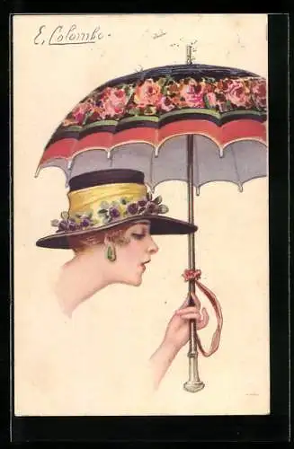 Künstler-AK E. Colombo: Dame mit Schirm und Hut