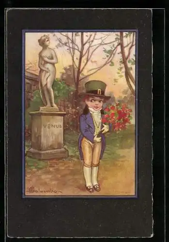 Künstler-AK E. Colombo: Bube mit Blumenstrauss steht schüchtern vor einer Venus-Statue