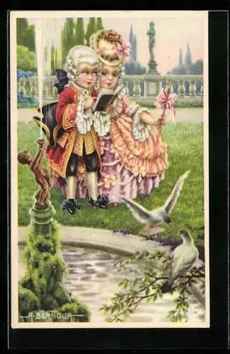 Künstler-AK A. Bertiglia: barock gekleidetes Paar beim Lesen am Brunnen