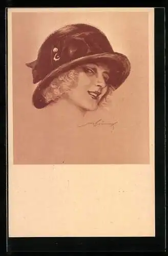 Künstler-AK Max Brüning: Wie gefalle ich Dir?, Damenportrait mit Hut