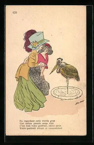 Künstler-AK Xavier Sager: Zwei Frauen blicken auf einen Pelikan