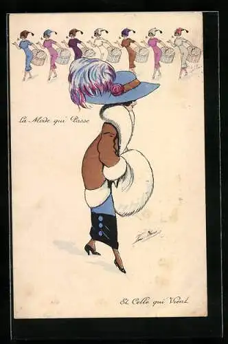 Künstler-AK Xavier Sager: La Mode qui Passe, elegant gekleidete Frauen, El Celle qui Vient