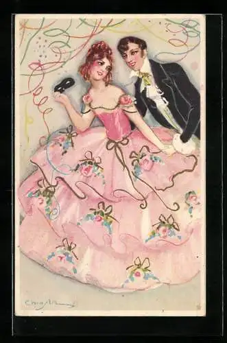 Künstler-AK Carlo Chiostri: Dame in bauschigem rosafarbenen Kleid mit Herrn, Luftschlangen