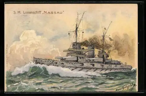 Künstler-Lithographie Hans Bohrdt: Linienschiff SMS Nassau im Gefecht