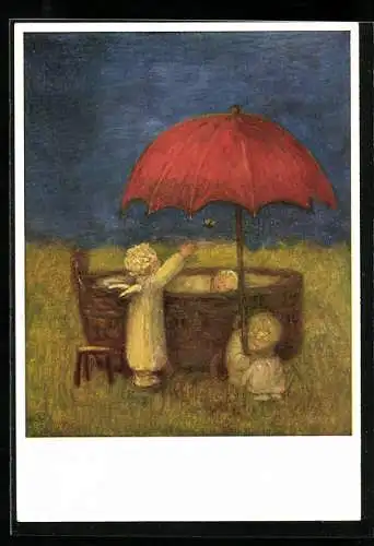 Künstler-AK Maria Spötl: Gut behütet, Engel und Kinder unter einem Schirm
