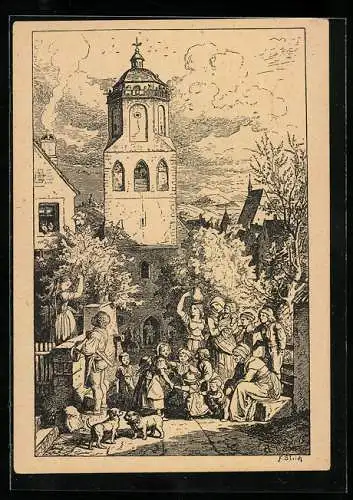 Künstler-AK Ludwig Richter: Feierabend