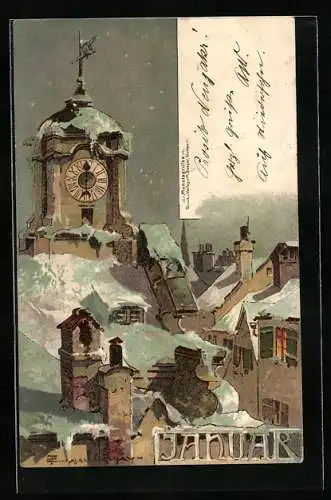 Künstler-AK T.Guggenberger: Allegorie Januar, schneebedeckter Kirchturm bei Nacht