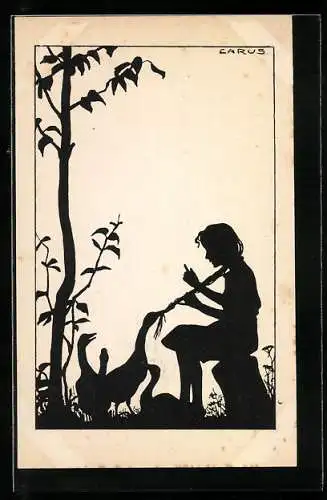Künstler-AK Carus: Gänse ziehen an den Zöpfen eines Mädchens, Schattenbild