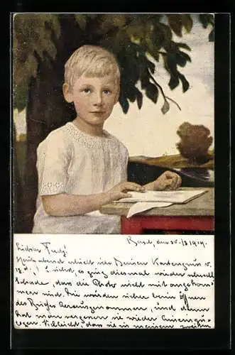 Künstler-AK Ludwig von Zumbusch: Deutscher Junge, blonder Junge liest in einem Heft
