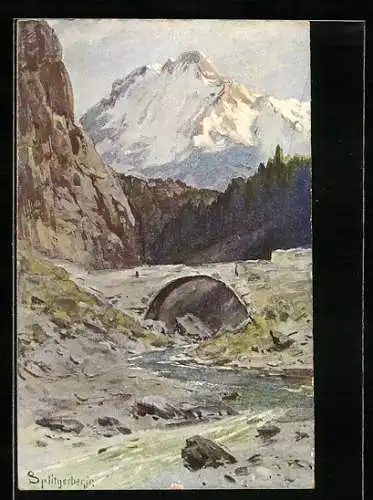 Künstler-AK August Splitgerber: Brückenidylle im Gebirge