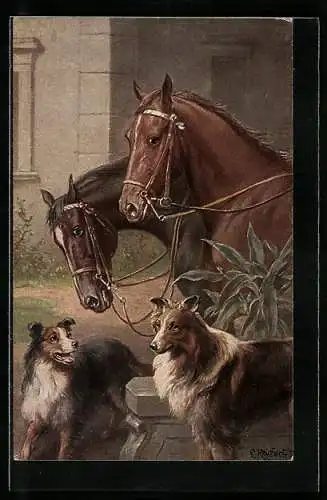Künstler-AK C.Reichert: zwei Pferde mit zwei Hunden