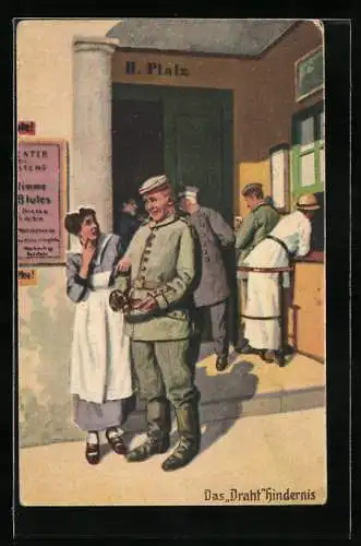 Künstler-AK Arthur Thiele unsign.: Das Drahthindernis, Soldat mit Schuh in der Hand neben Frau