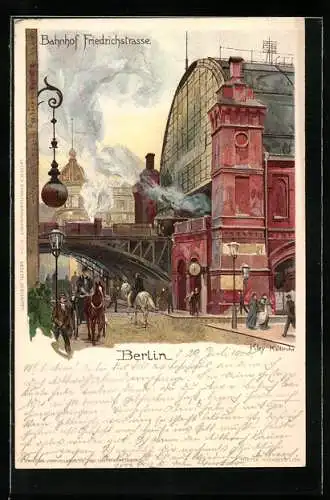 Künstler-AK Heinrich Kley: Berlin, Partie am Bahnhof Friedrichstrasse