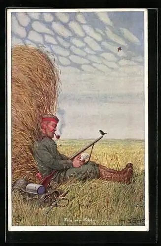 Künstler-AK H.S.B.: Fern vom Schuss, Soldat auf einer Wiese