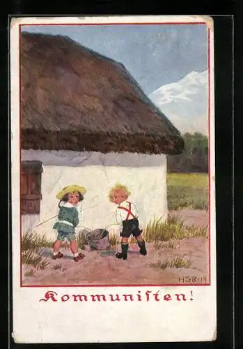 Künstler-AK H.S.B.: Kommunisten!, zwei Buben pinkeln in einen Sack