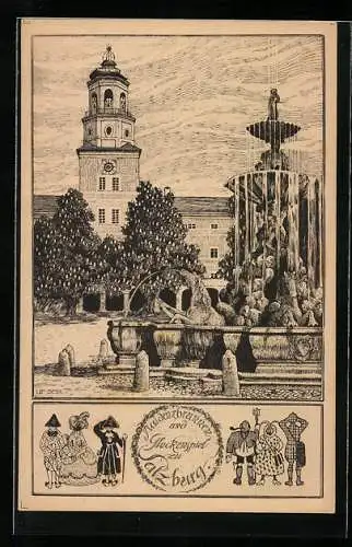 Künstler-AK Ulf Seidl: Salzburg, Glockenspiel u. Residenzbrunnen