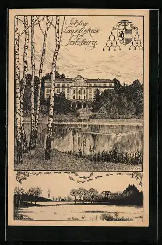 Künstler-AK Ulf Seidl: Salzburg, Leopoldskrone, Uferpartie mit Fischen