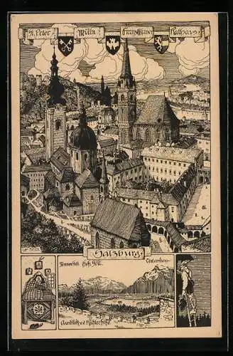 Künstler-AK Ulf Seidl: Salzburg, St. Peter, Mülln, Franziskaner, Rathaus, Wappen, Ausblick von der Richterhöhe
