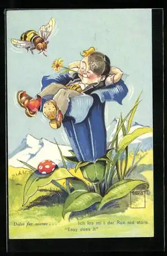 Künstler-AK Paul Minouvis: Junge ruht sich in einer Blüte aus, Biene, Marienkäfer