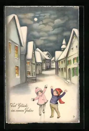 Künstler-AK Hannes Petersen: Kinderpaar in einer schneebedeckten Ortschaft