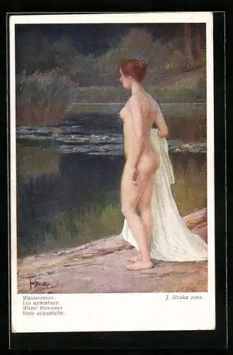 Künstler-AK Josef Straka: Wasserrosen, Dame am Teich