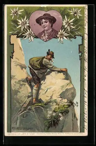 Künstler-AK E. Döcker: Bergsteiger mit Hut auf einem Felsen, Portrait einer Dame im Herz