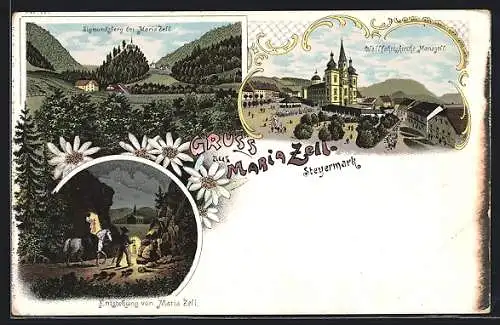 Lithographie Maria-Zell, Sigmundsberg, Wallfahrtskirche Mariazell, Entstehung von Maria-Zell