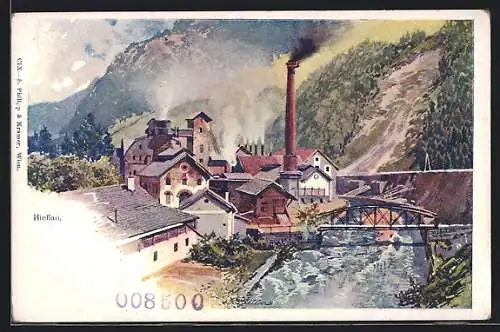 Künstler-AK Hieflau, Uferpartie mit Brücke