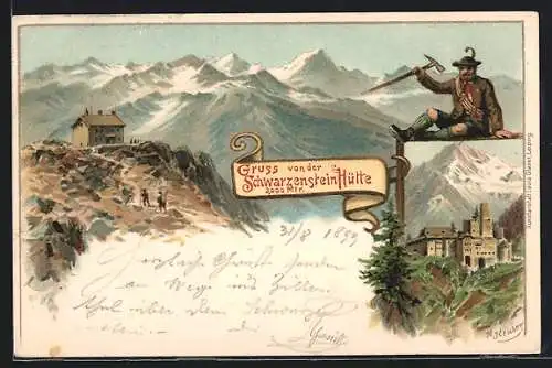Lithographie Schwarzenstein Hütte, Berghütte und Bergpanorama, Ortspartie