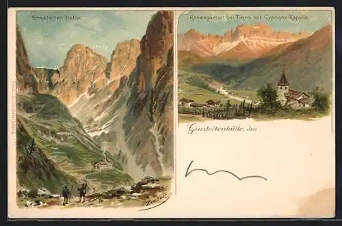 Künstler-AK sign. H. Heubner: Grasleitenhütte, Talblick, Rosengarten bei Thiers mit Cyprians-Kapelle