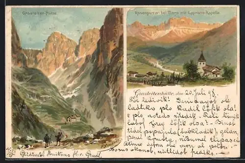 Künstler-AK sign. H. Heubner: Tiers, Cyprians-Kapelle gegen Rosengarten, Grasleitenhütte