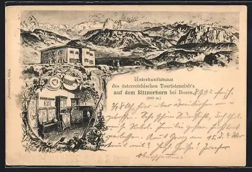 Lithographie Unterkunftshaus auf dem Rittnerhorn, Berghütte des Österreich. Touristen-Clubs, Innenansicht