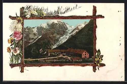 AK Franzenshütte, Berghütte mit dem Ortler, Passepartout
