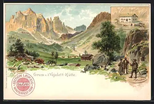 Künstler-AK Vajolett-Hütte, Wanderer im Vajolett-Tal