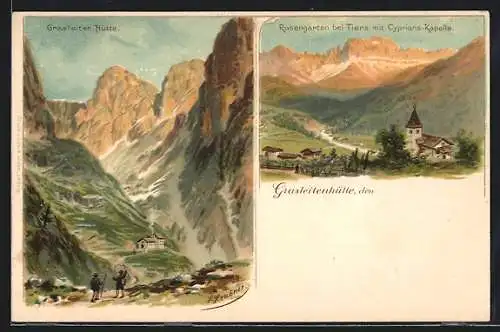 Künstler-AK sign. H. Heubner: Tiers, Cyprians-Kapelle gegen Rosengarten, Grasleitenhütte