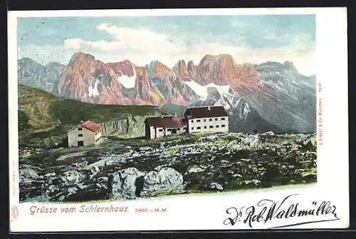 AK Schlernhaus, Blick zur Berghütte