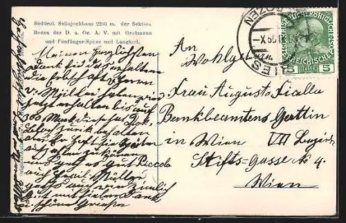 AK Sellajochhaus, Berghütte mit Grohmann und Fünffinger-Spitze und Langkofl