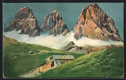 AK Berghütte am Stellajoch mit Langkoflgruppe, Dolomiten
