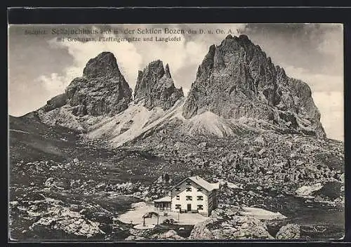 AK Sellajochhaus, Berghütte mit Grohmann, Fünfflingerspitze und Langkofel