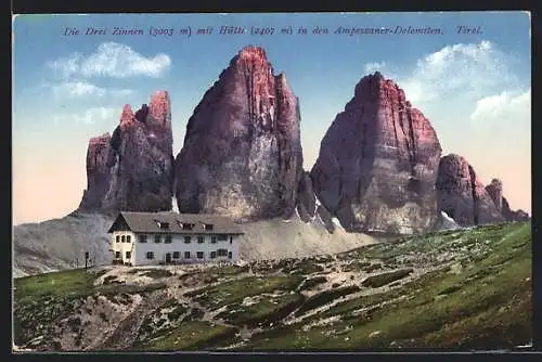 AK Drei Zinnenhütte und drei Zinnen in den Ampezzaner-Dolomiten
